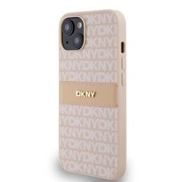 DKNY odinis vieno tono dryželių ir metalinio logotipo dėklas iPhone 15 / 14 / 13“ – rožinės spalvos