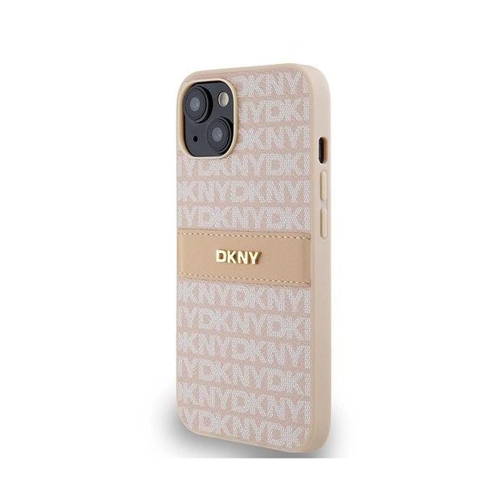 DKNY odinis vieno tono dryželių ir metalinio logotipo dėklas iPhone 15 / 14 / 13“ – rožinės spalvos