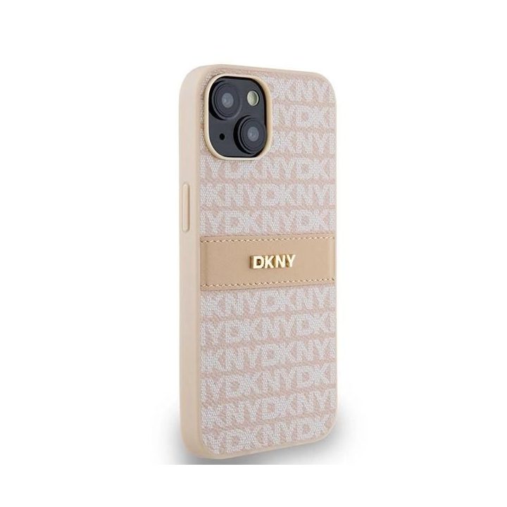 DKNY odinis vieno tono dryželių ir metalinio logotipo dėklas iPhone 15 / 14 / 13“ – rožinės spalvos
