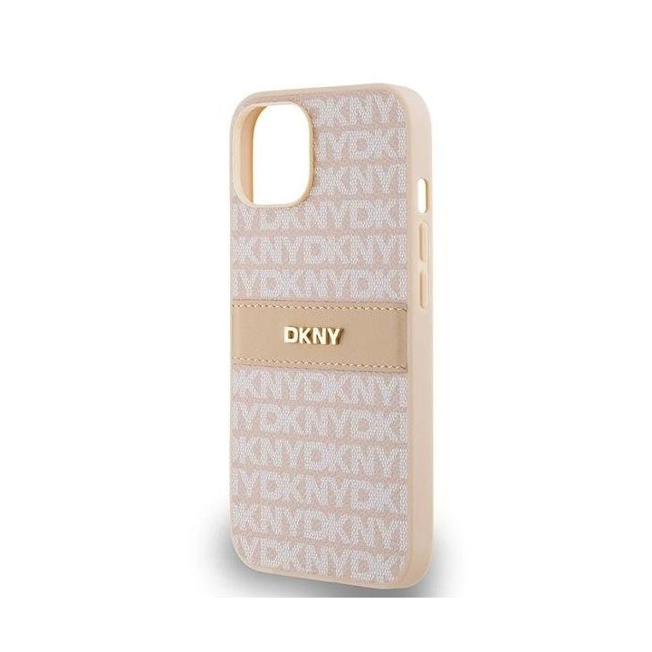 DKNY odinis vieno tono dryželių ir metalinio logotipo dėklas iPhone 15 / 14 / 13“ – rožinės spalvos