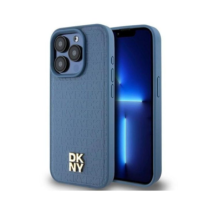 DKNY odinis monograminis raštas metalinės spalvos logotipas MagSafe dėklas iPhone 15 Pro“ – mėlynas