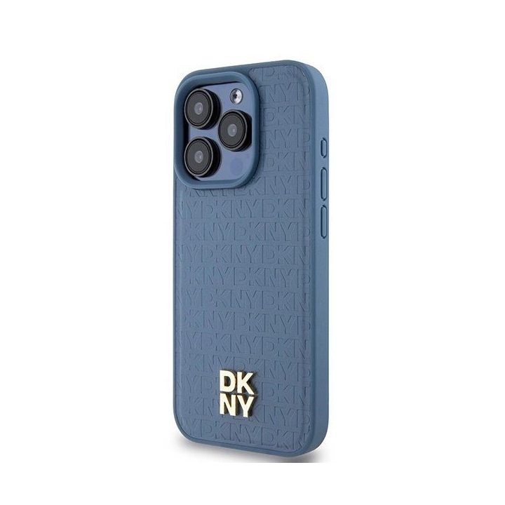 DKNY odinis monograminis raštas metalinės spalvos logotipas MagSafe dėklas iPhone 15 Pro“ – mėlynas