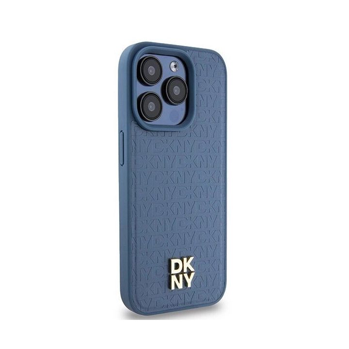 DKNY odinis monograminis raštas metalinės spalvos logotipas MagSafe dėklas iPhone 15 Pro“ – mėlynas