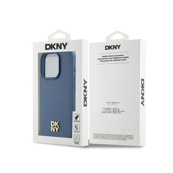 DKNY odinis monograminis raštas metalinės spalvos logotipas MagSafe dėklas iPhone 15 Pro“ – mėlynas