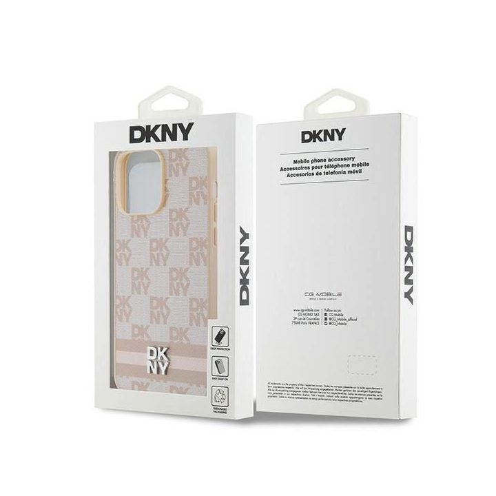 DKNY odinis dėklas su šaškių lentos raštu ir dryžuotais raštais iPhone 14 Pro Max“ – rožinis
