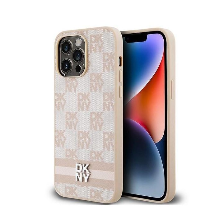DKNY odinis dėklas su šaškių lentos raštu ir dryžuotais raštais iPhone 14 Pro Max“ – rožinis