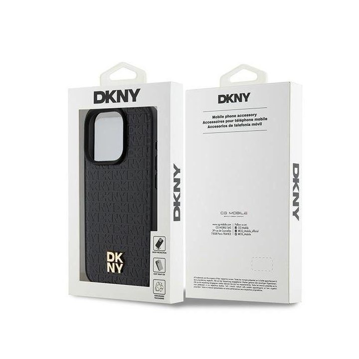 DKNY odinis monogramos rašto metalinis logotipas MagSafe dėklas iPhone 15 Pro - juodas