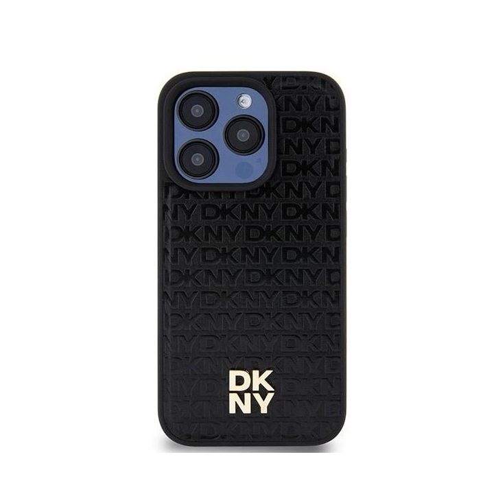 DKNY odinis monogramos rašto metalinis logotipas MagSafe dėklas iPhone 15 Pro - juodas