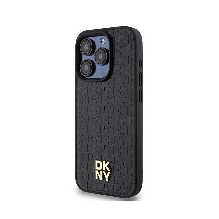 DKNY odinis monogramos rašto metalinis logotipas MagSafe dėklas iPhone 15 Pro - juodas
