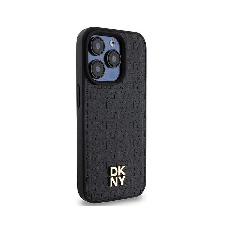 DKNY odinis monogramos rašto metalinis logotipas MagSafe dėklas iPhone 15 Pro - juodas