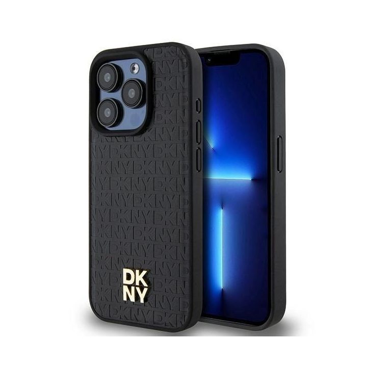 DKNY odinis monogramos rašto metalinis logotipas MagSafe dėklas iPhone 15 Pro - juodas