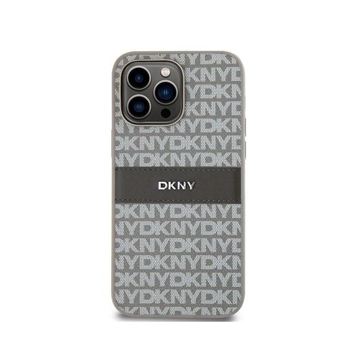 DKNY Leather Mono Stripe & Metal Logo dėklas iPhone 14 Pro Max - smėlio spalvos