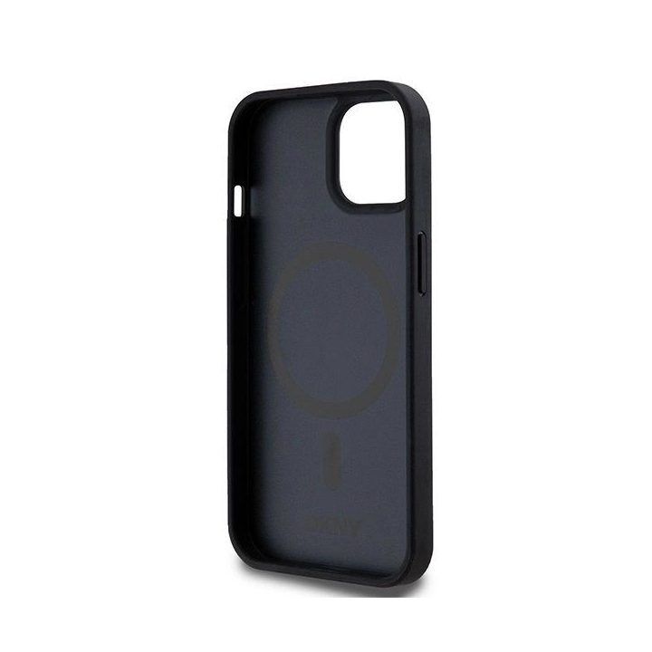 DKNY odinis dėklas su metaliniu logotipu MagSafe iPhone 15/14/13“ telefonui - juodas