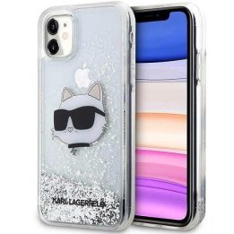 iPhone 11/XR sidabrinis/sidabrinis kietas dėklas blizgučiais Choupette Head