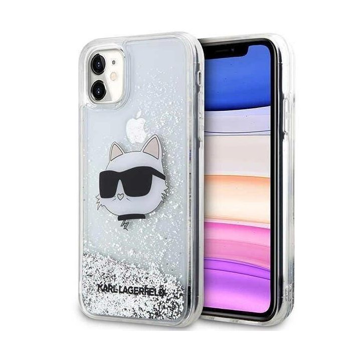 iPhone 11/XR sidabrinis/sidabrinis kietas dėklas blizgučiais Choupette Head