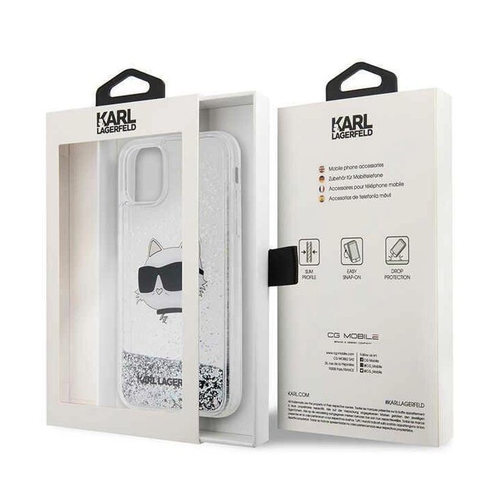 iPhone 11/XR sidabrinis/sidabrinis kietas dėklas blizgučiais Choupette Head