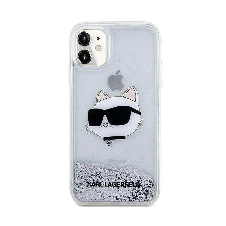 iPhone 11/XR sidabrinis/sidabrinis kietas dėklas blizgučiais Choupette Head