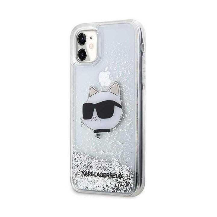 iPhone 11/XR sidabrinis/sidabrinis kietas dėklas blizgučiais Choupette Head