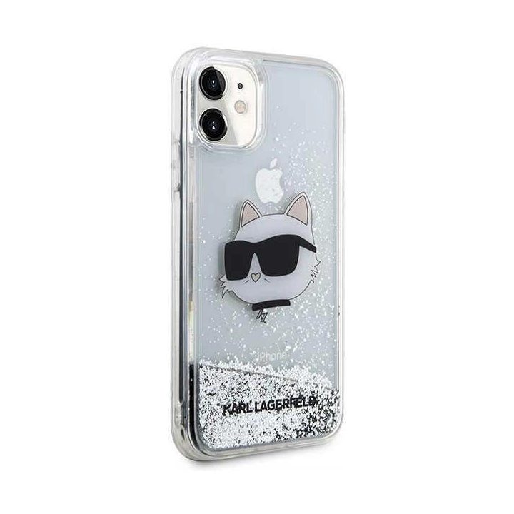 iPhone 11/XR sidabrinis/sidabrinis kietas dėklas blizgučiais Choupette Head