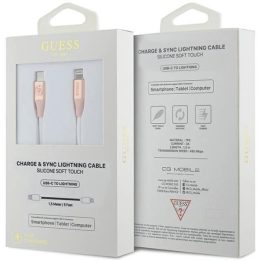 Guess“ įspaustu logotipu papuoštas USB-C / Lightning“ kabelis, 1,5 m, greitam įkrovimui, rožinis