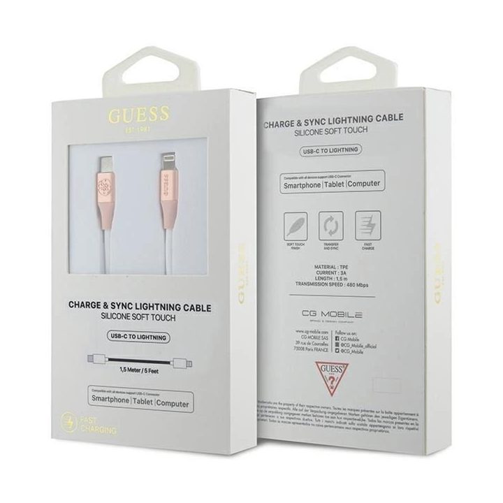 Guess“ įspaustu logotipu papuoštas USB-C / Lightning“ kabelis, 1,5 m, greitam įkrovimui, rožinis