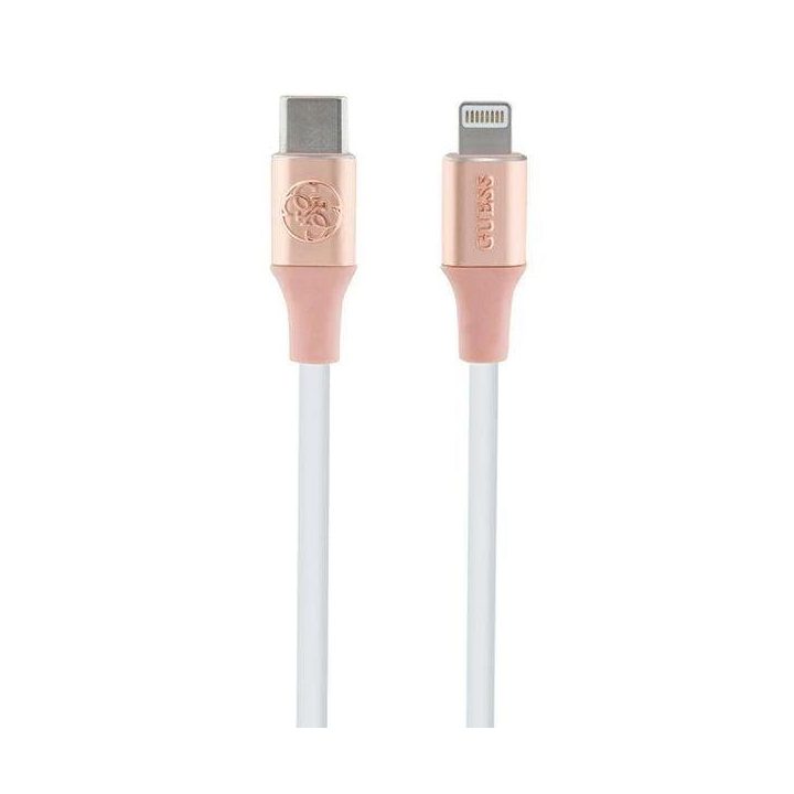 Guess“ įspaustu logotipu papuoštas USB-C / Lightning“ kabelis, 1,5 m, greitam įkrovimui, rožinis