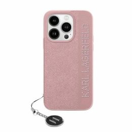 Karl Lagerfeld Saffiano, cirkoniais ir pakabutis dėklas iPhone 15 Pro – rožinis