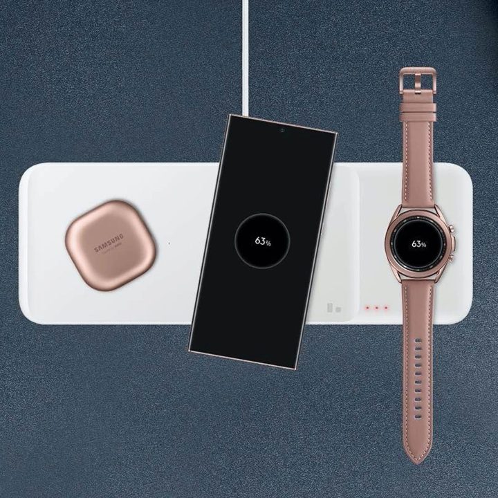 Samsung Trio EP-3in1“ indukcinis pakrovėjas telefonui / Galaxy Watch“ / Buds“ – baltas + tinklo pakrovėjas + laidas