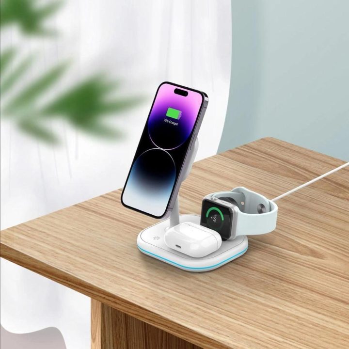 indukcinis įkroviklis su laikikliu su MagSafe išmaniajam telefonui/Apple Watch/AirPods - baltas