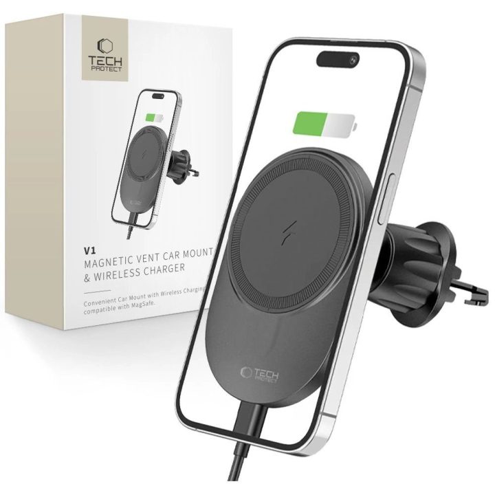 automobilio telefono laikiklis su 15W indukciniu MagSafe įkrovikliu oro angai - juodas