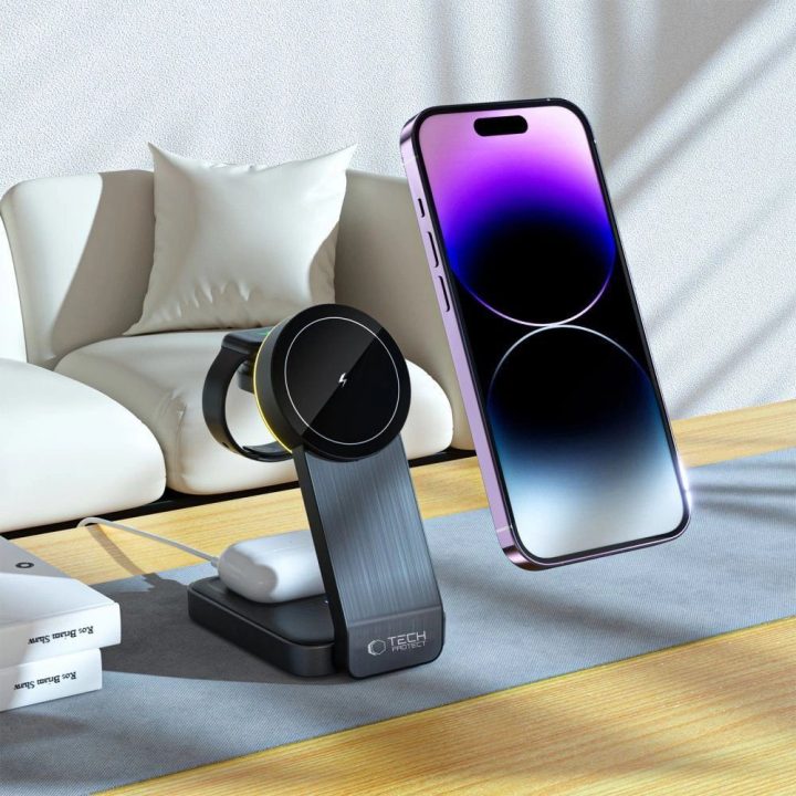 indukcinis MagSafe 3in1 įkroviklis su laikikliu išmaniajam telefonui/Apple Watch/AirPods - juodas