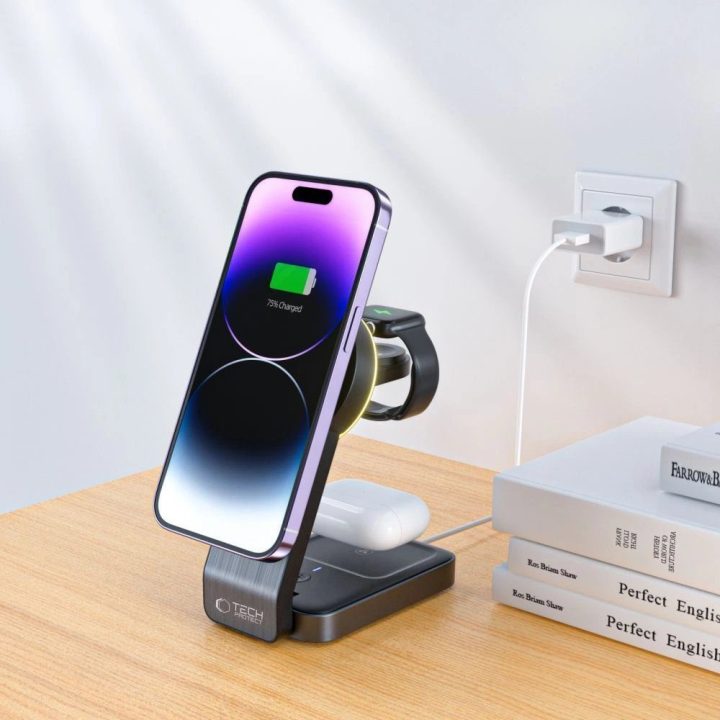 indukcinis MagSafe 3in1 įkroviklis su laikikliu išmaniajam telefonui/Apple Watch/AirPods - juodas