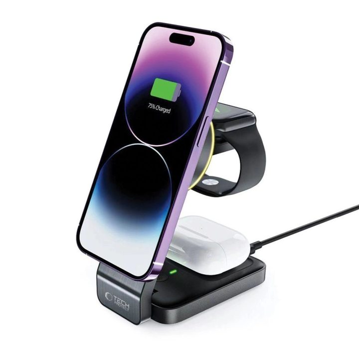 indukcinis MagSafe 3in1 įkroviklis su laikikliu išmaniajam telefonui/Apple Watch/AirPods - juodas