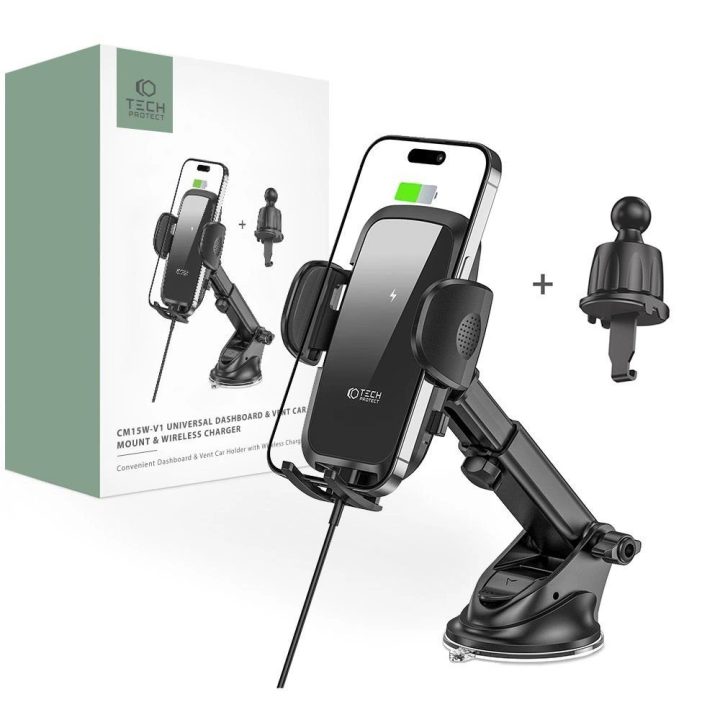 telefono laikiklis su 15 W indukciniu įkrovikliu prietaisų skydeliui / ventiliacijos angai, juodas