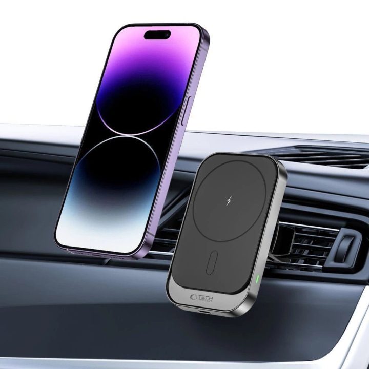 magnetinis MagSafe automobilinis laikiklis su 15W indukciniu įkrovikliu oro angai - juodas