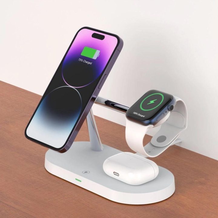 indukcinis kroviklis išmaniajam telefonui / ausinėms / išmaniajam laikrodžiui – baltas