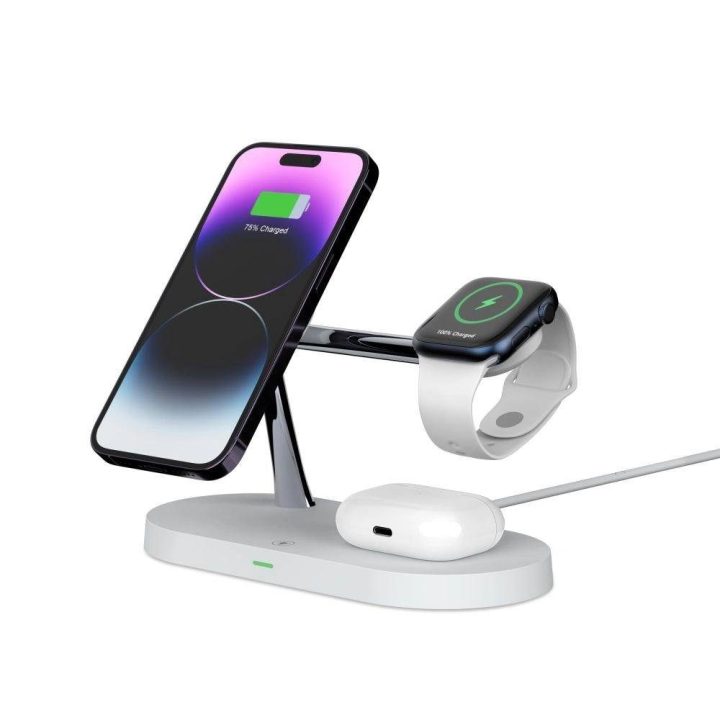 indukcinis kroviklis išmaniajam telefonui / ausinėms / išmaniajam laikrodžiui – baltas