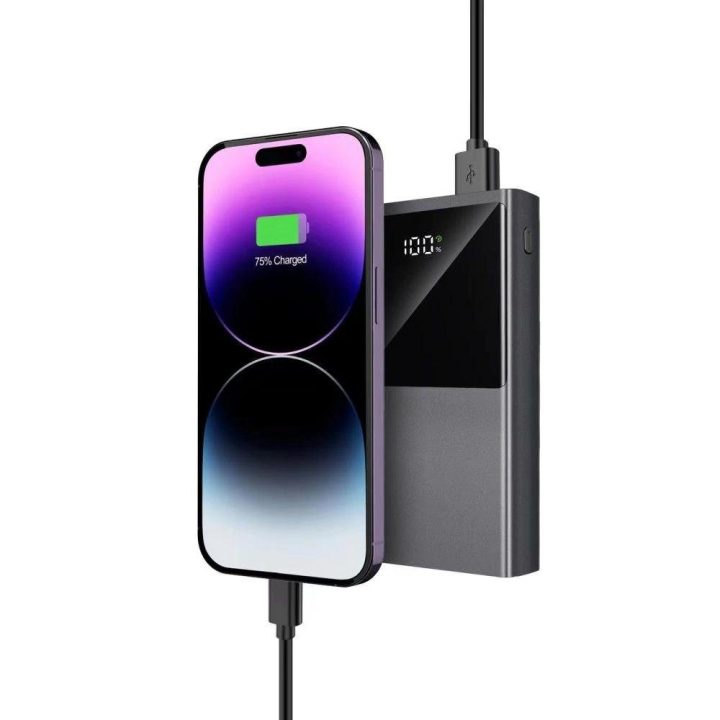 20000mAh 22,5W nešiojama baterija su 2 USB A kabeliu - pilkos spalvos