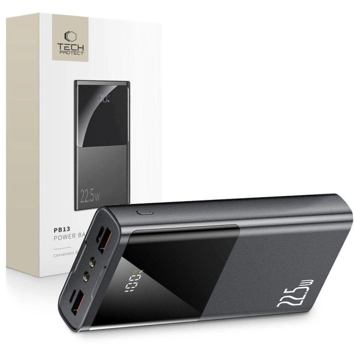 20000mAh 22,5W nešiojama baterija su 2 USB A kabeliu - pilkos spalvos