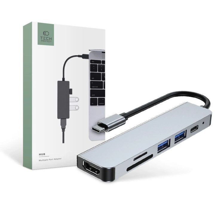 HUB V4 6in1 USB C / HDMI / micro SD / TF / SD kortelių skaitytuvas - pilkas