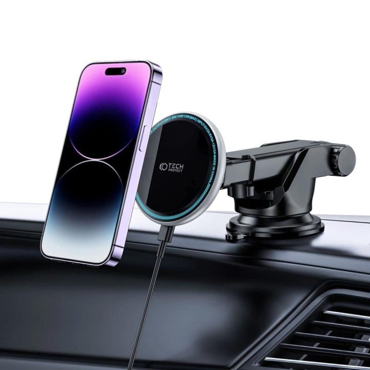 automobilio telefono laikiklis su MagSafe 15W indukciniu įkrovikliu prietaisų skydeliui - juodas