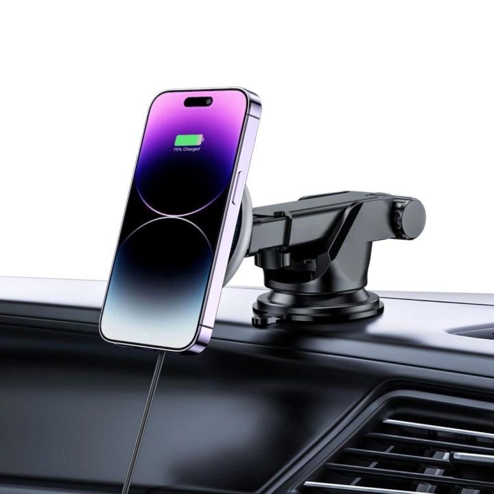 automobilio telefono laikiklis su MagSafe 15W indukciniu įkrovikliu prietaisų skydeliui - juodas