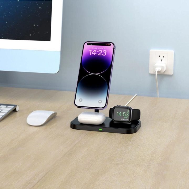 indukcinis įkroviklis su 3in1 MagSafe stovu išmaniajam telefonui / Apple Watch / AirPods - juodas