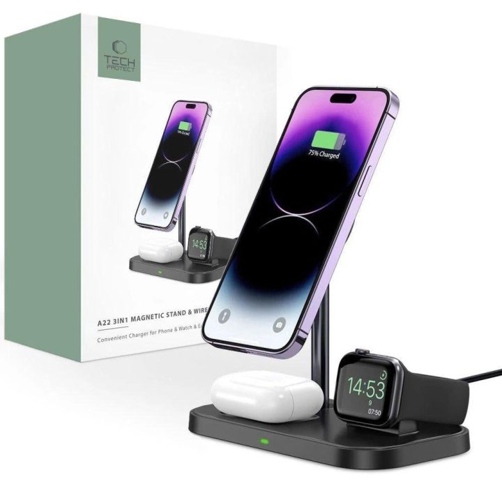indukcinis įkroviklis su 3in1 MagSafe stovu išmaniajam telefonui / Apple Watch / AirPods - juodas