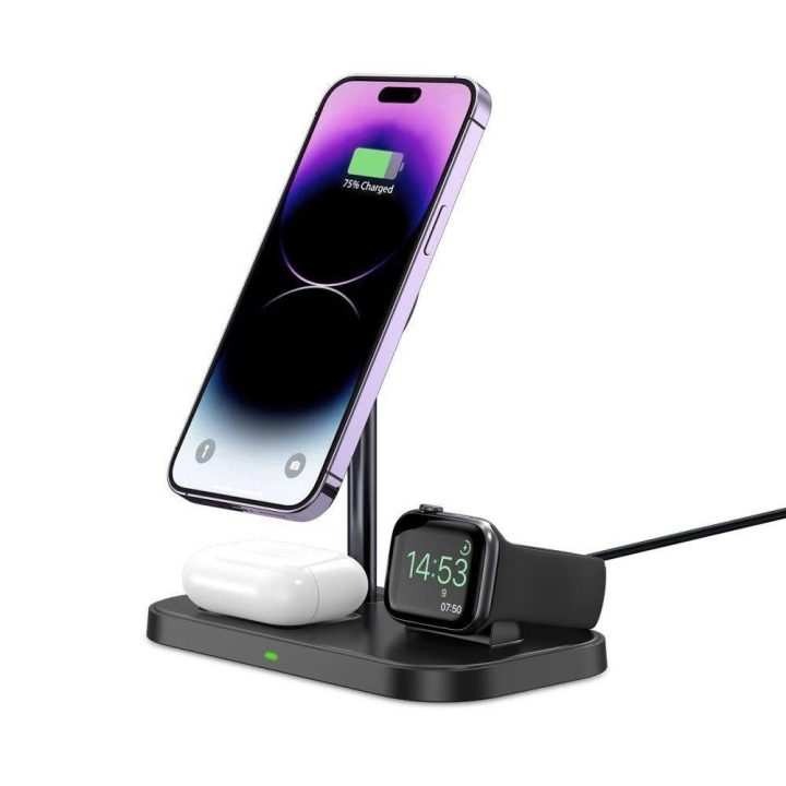 indukcinis įkroviklis su 3in1 MagSafe stovu išmaniajam telefonui / Apple Watch / AirPods - juodas