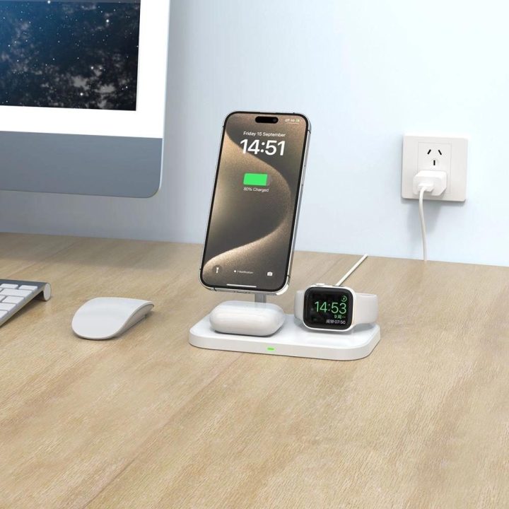 įkroviklis su 3in1 MagSafe stovu išmaniajam telefonui / Apple Watch / AirPods - baltas