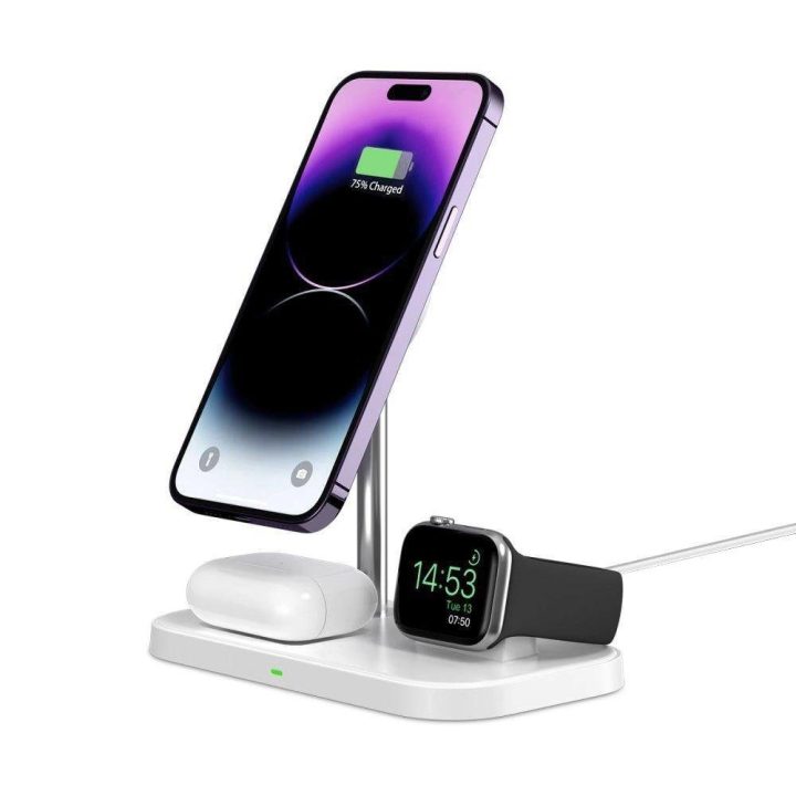 įkroviklis su 3in1 MagSafe stovu išmaniajam telefonui / Apple Watch / AirPods - baltas
