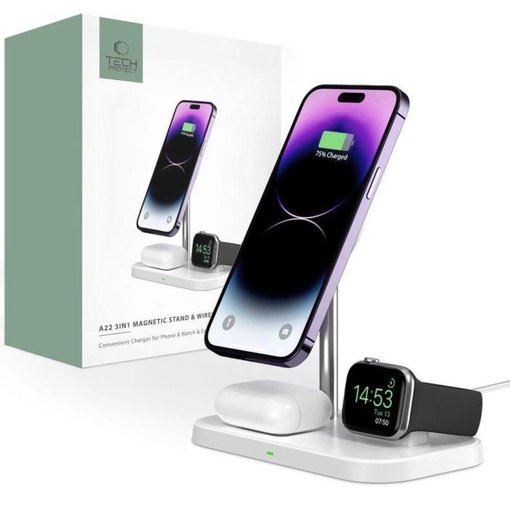 įkroviklis su 3in1 MagSafe stovu išmaniajam telefonui / Apple Watch / AirPods - baltas