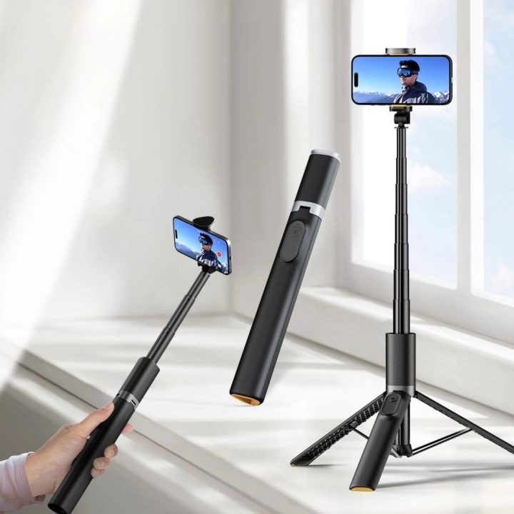 Bluetooth“ asmenukių lazda su nuotoliniu valdymu, trikojis iki 141 cm – juoda