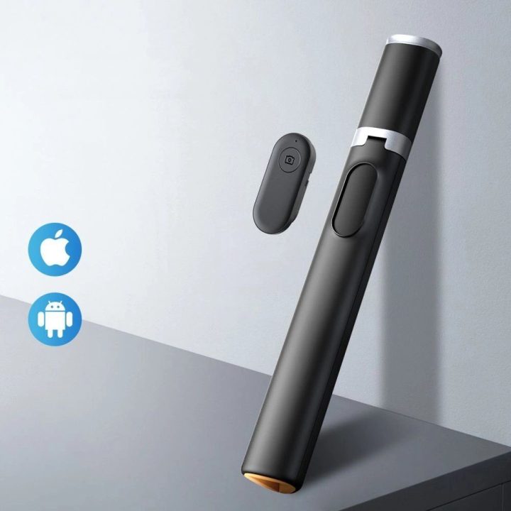 Bluetooth“ asmenukių lazda su nuotoliniu valdymu, trikojis iki 141 cm – juoda